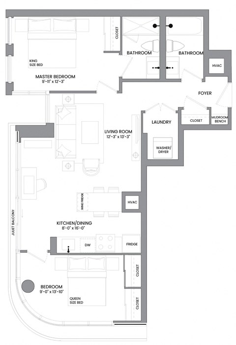 Floor plan for 2 beds, 2 baths, 861 sqft